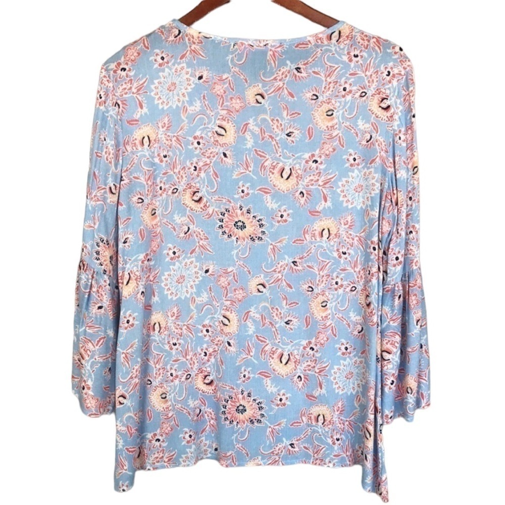 Peck & Peck Floral Print Bell Sleeve Blouse Blue Coral Rayon Boho Top S - Picture 5 of 8